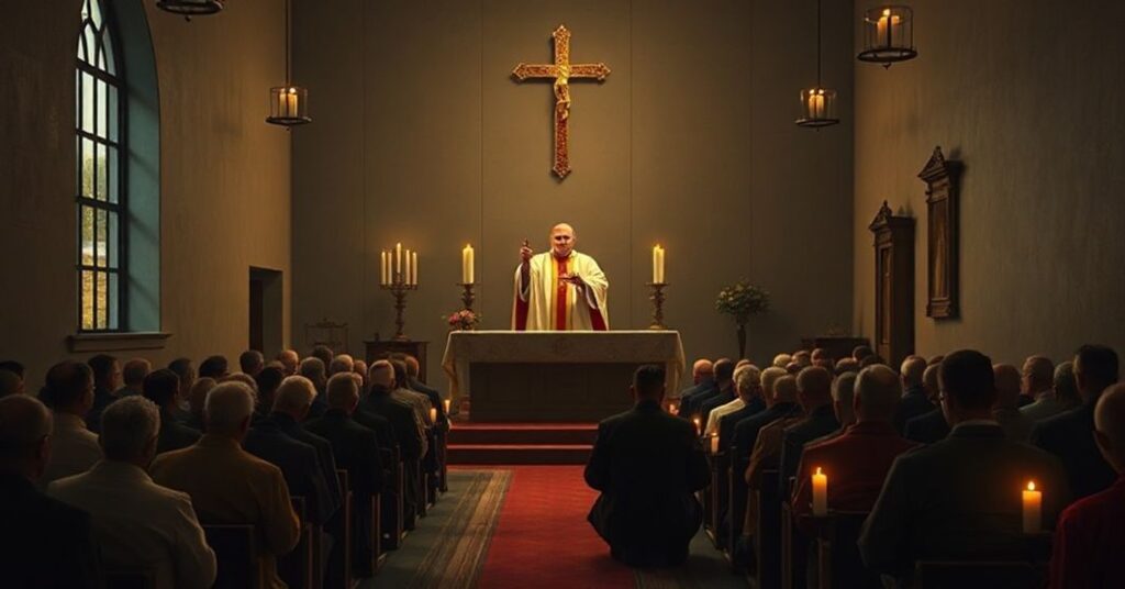 Tradycyjna Msza Trydencka w kaplicy z wiernymi w modlitwie.