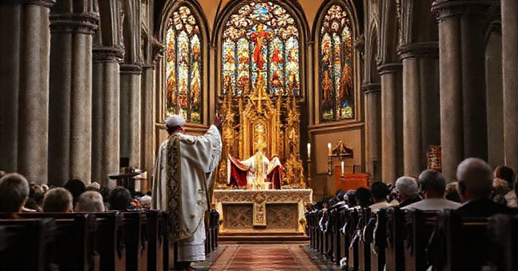 Tradycyjna msza w obrządku trydenckim z podniesioną hostią podczas konsekracji, skupiona modlitewna społeczność i ozdobne wnętrze kościoła