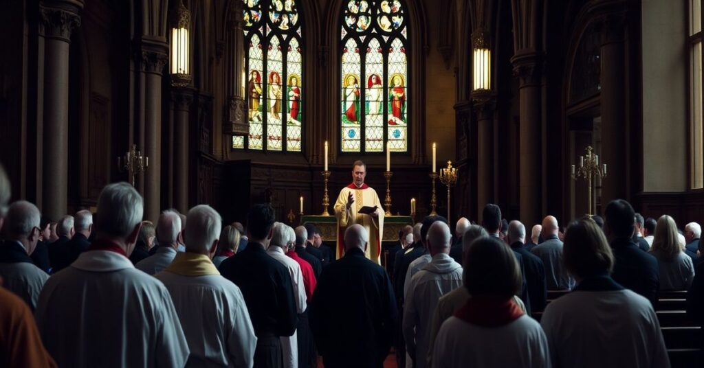 Tradycyjna Msza Trydencka w historycznym kościele z grupą poważnych dorośli modlących się.