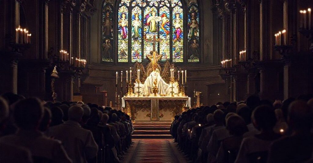 Tradycyjna msza trydencka w świetlistej kaplicy z kapłanem w tradycyjnych szatach liturgicznych i wiernymi w modlitwie