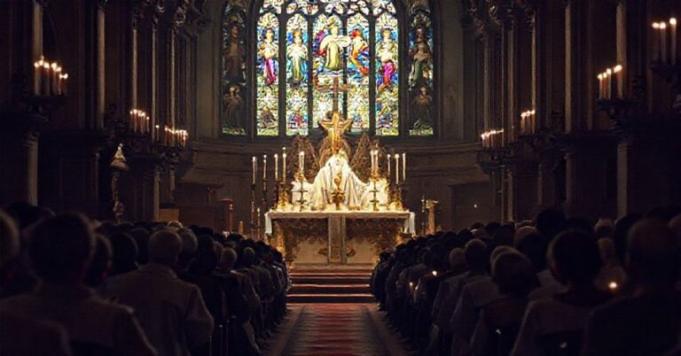 Tradycyjna msza trydencka w świetlistej kaplicy z kapłanem w tradycyjnych szatach liturgicznych i wiernymi w modlitwie