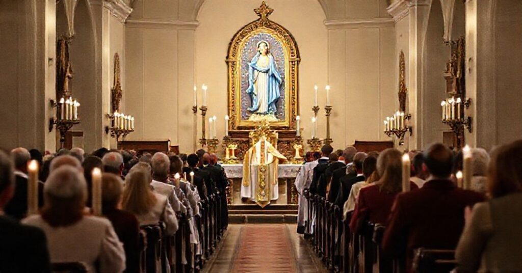Tradycyjna Msza Trydencka w kościele katolickim prowadzona przez tradycyjnego kapłana w pełnym stroju liturgicznym. Wierni w modlitwie, ołtarz oświetlony świecami i naczyniami sakralnymi.