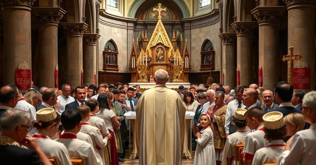Tradicyjna msza trydencka w historycznej kościoła z kapłanem w pełnym stroju liturgicznym i wzruszoną wspólnotą wiernych.