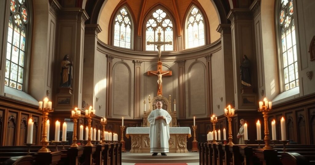 Tradycyjna Msza Święta trydencka odprawiana przez kapłana w klasycznych szatach liturgicznych w katolickim kościele, symbolizująca trwałość wiary katolickiej w obliczu współczesnych zmian religijnych.