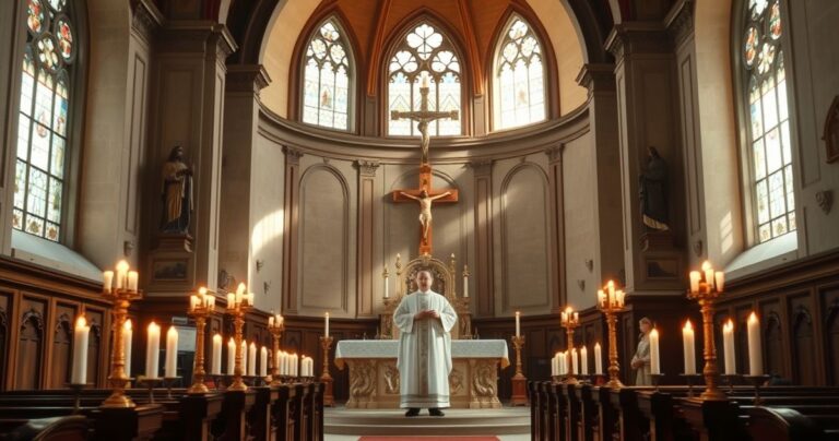 Tradycyjna Msza Święta trydencka odprawiana przez kapłana w klasycznych szatach liturgicznych w katolickim kościele, symbolizująca trwałość wiary katolickiej w obliczu współczesnych zmian religijnych.