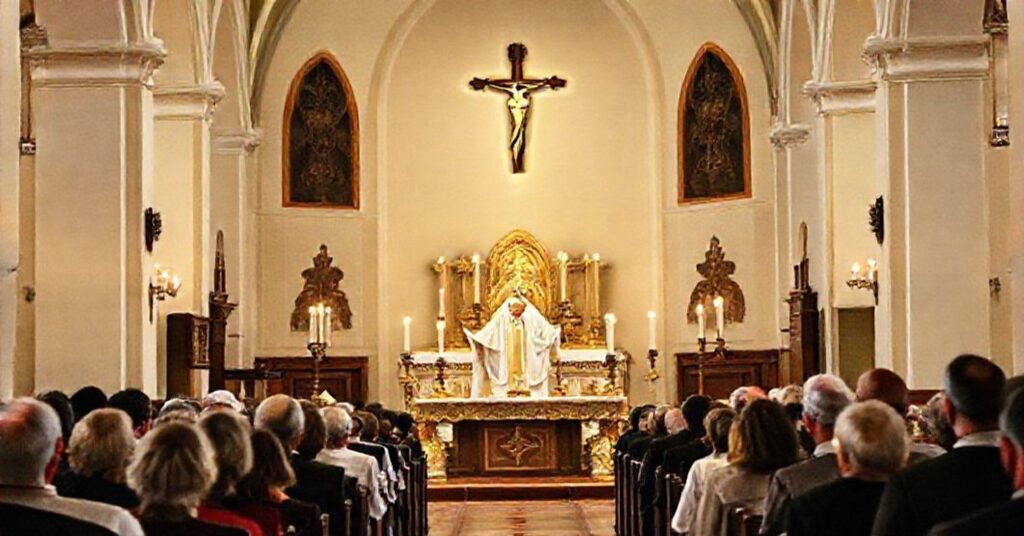 Tradycyjne katolickie nabożeństwo w kościele z celebransem w ornacie i wiernymi modlącymi się podczas Mszy Trydenckiej.