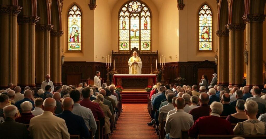 Tradycyjna Msza Trydencka w kościele katolickim z kapłanem w ornacie i pokorną kongregacją modlącej się na kolanach przed ołtarzem