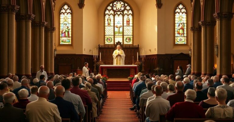 Tradycyjna Msza Trydencka w kościele katolickim z kapłanem w ornacie i pokorną kongregacją modlącej się na kolanach przed ołtarzem