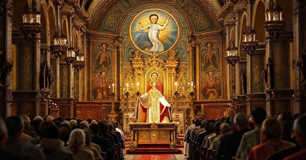 Tradycyjna msza w kościele ukraińskim z kapłanem w pełnych szatach liturgicznych otoczony wiernymi. Wnętrze ozdobione ikonami Chrystusa Króla.