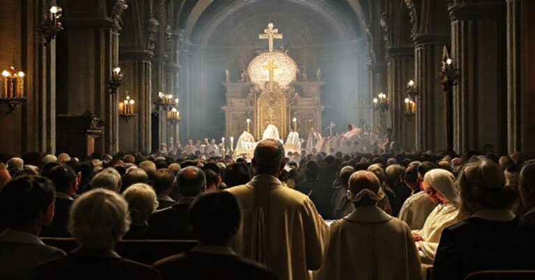 Tradycyjna msza katolicka w historycznym kościele z kapłanem celebrującym liturgię oraz wiernymi modlącymi się. Na tle widoczny jest kontrastujący obraz korumpowanej 'kanonizacji' w nowoczesnym stylu.