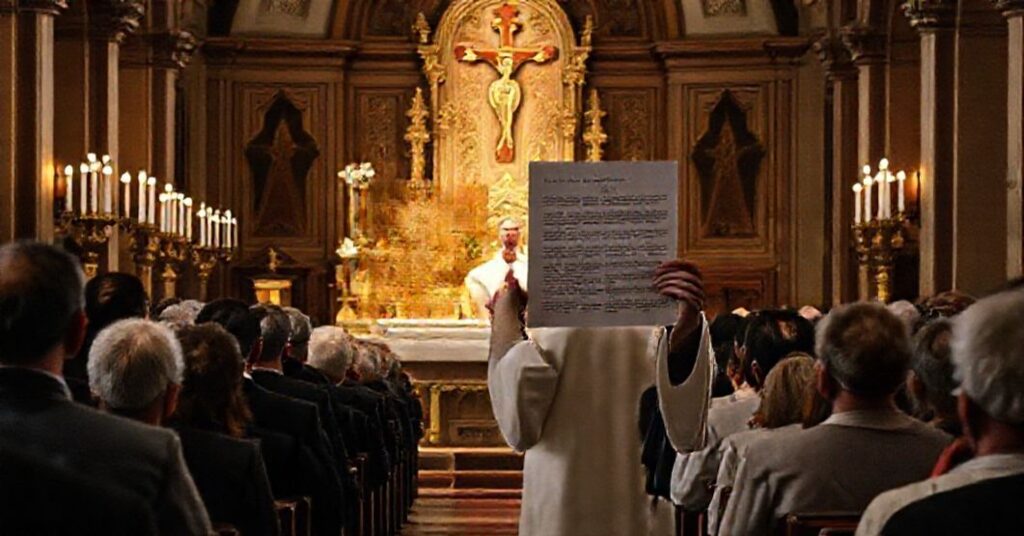 Tradycyjna msza św. w rycie trydenckim z kapłanem i wiernymi w kościele. Kontrast z modernistycznymi zmianami liturgicznymi.