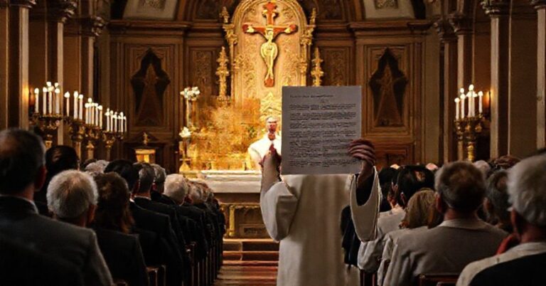 Tradycyjna msza św. w rycie trydenckim z kapłanem i wiernymi w kościele. Kontrast z modernistycznymi zmianami liturgicznymi.