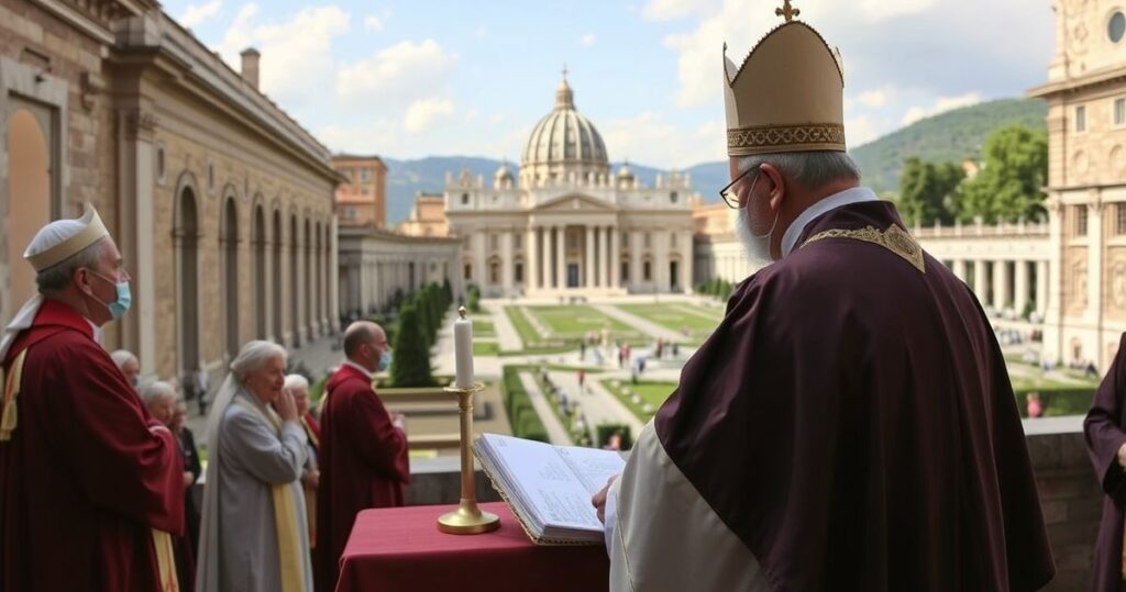 Tradycyjny katolicki kapłan odprawiający Mszę na tle Castel Gandolfo, podkreślający wierność naukom Kościoła i autentyczną liturgię.