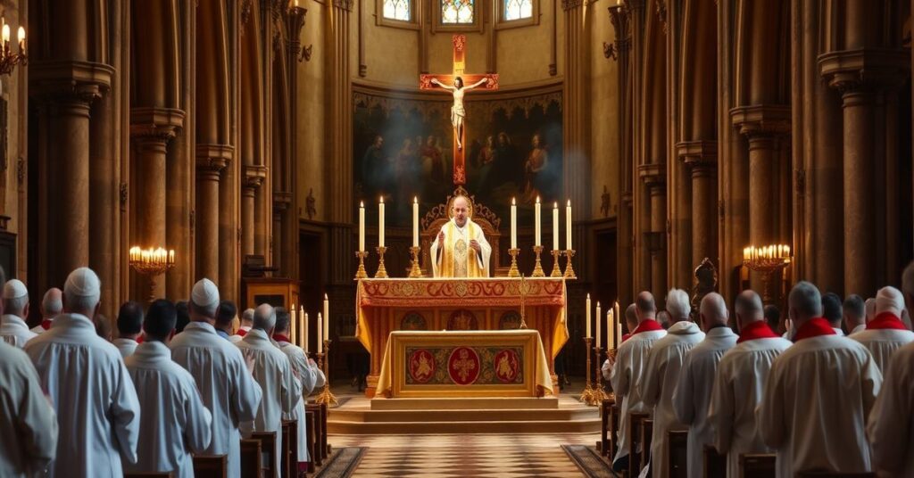 Tradycyjna Msza św. w katedrze z biskupami w tradycyjnych szatach liturgicznych podczas Wielkiego Postu.