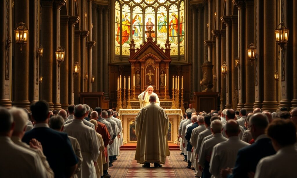 Procesja tradycyjnej Mszy Świętej w zabytkowej katedrze. Kapłan w pełnych szat liturgicznych celebruje święte Ofiary Mszy Świętej przy wysokim ołtarzu, otoczony wiernymi klęczącymi w modlitwie.