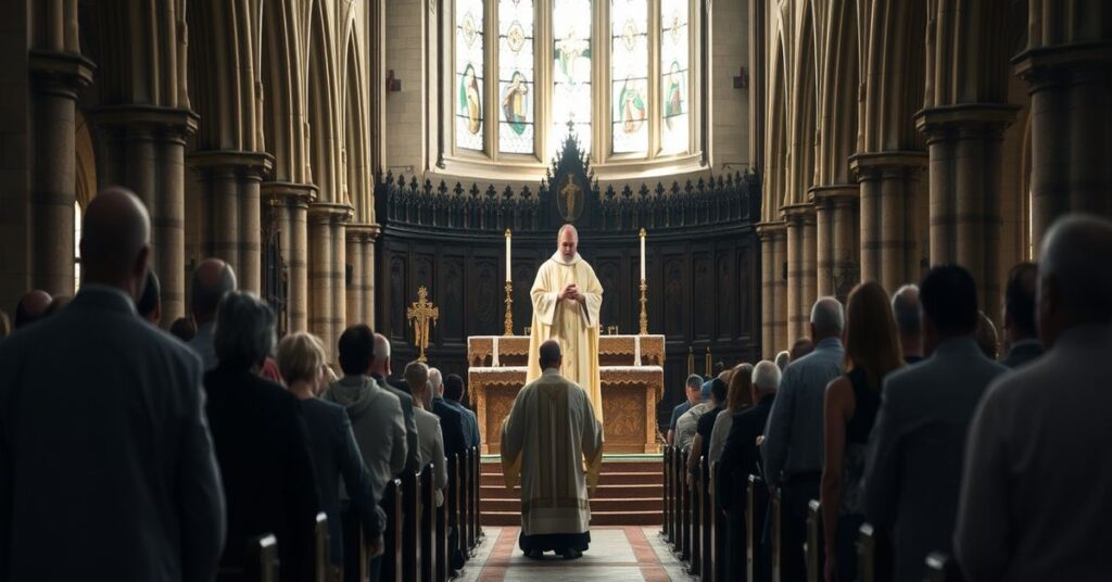 Tradycyjna msza łacińska w historycznej katedrze katolickiej z kapłanem w tradycyjnych ornatach celebrującym na ołtarzu otoczonym modlącymi się wiernymi.