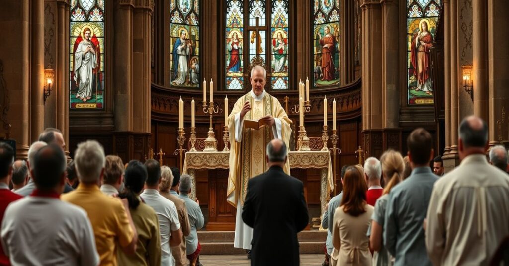 Tradycyjna Msza św. w tradycyjnym kościele katolickim - kapłan w ornatach z wiernymi na kolanach