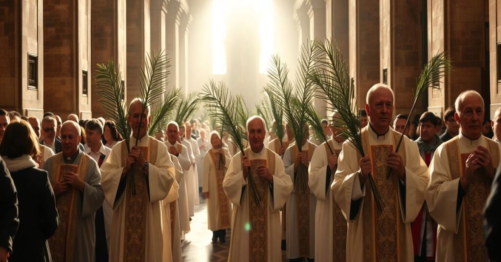 Tradycyjna Msza Święta w Kościele Grobu Świętego podczas Niedzieli Palmowej z procesją duchownych i wiernych z palmami.