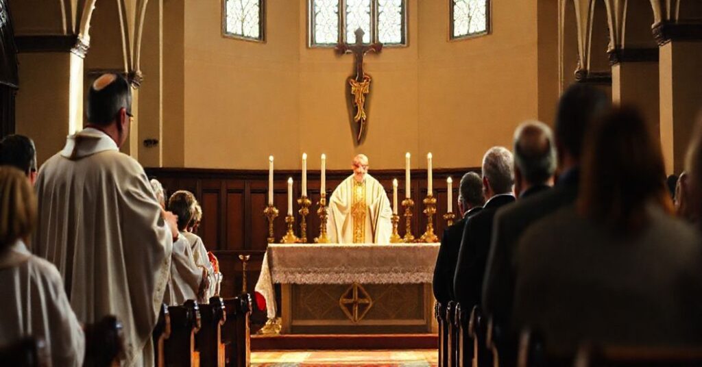 Tradycyjna katolicka msza w kościele z kapłanem w pełnej stroju liturgicznym przed niewielką grupą wiernych