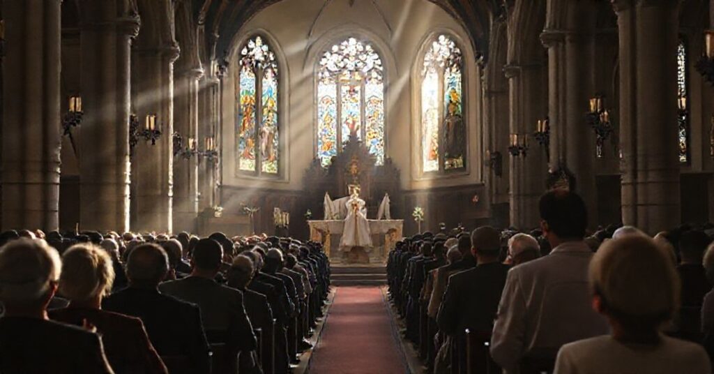 Sobór w tradycyjnym rytu trydenckim w kościele św. Wojciecha z modlącą się kongregacją