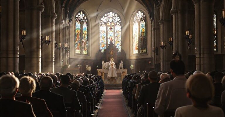 Sobór w tradycyjnym rytu trydenckim w kościele św. Wojciecha z modlącą się kongregacją