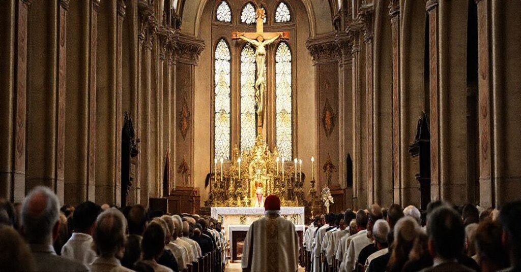 Sobór katolicki w tradycyjnej krakowskiej katedrze, podkreślający ciągłość wiary pomimo nowoczesnej apostazji.