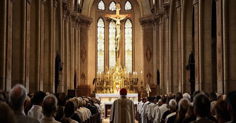 Sobór katolicki w tradycyjnej krakowskiej katedrze, podkreślający ciągłość wiary pomimo nowoczesnej apostazji.