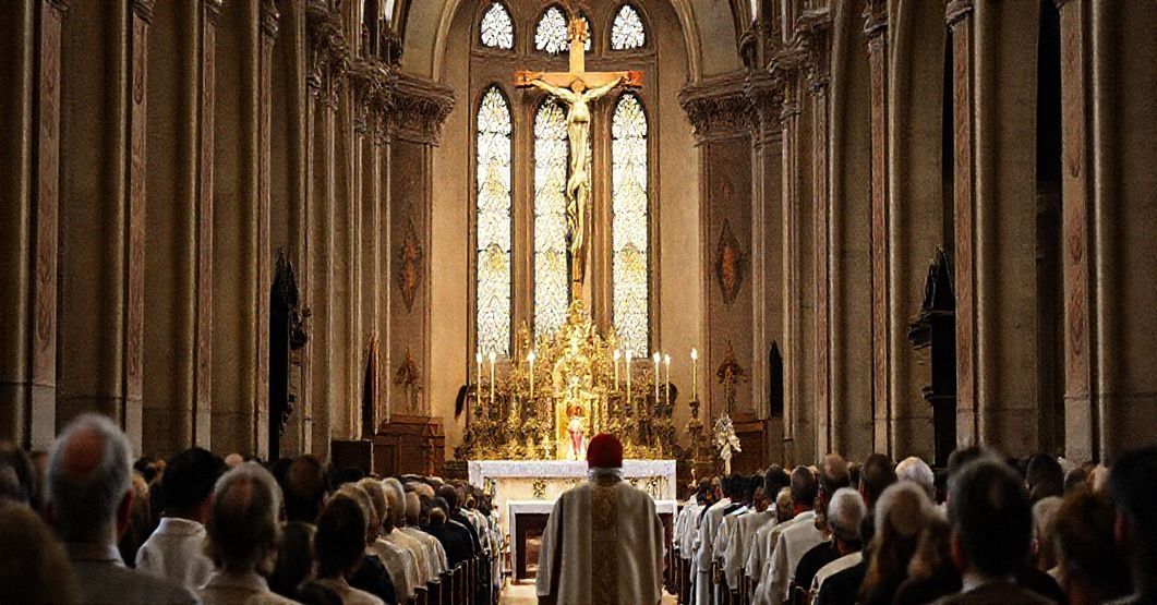 Sobór katolicki w tradycyjnej krakowskiej katedrze, podkreślający ciągłość wiary pomimo nowoczesnej apostazji.