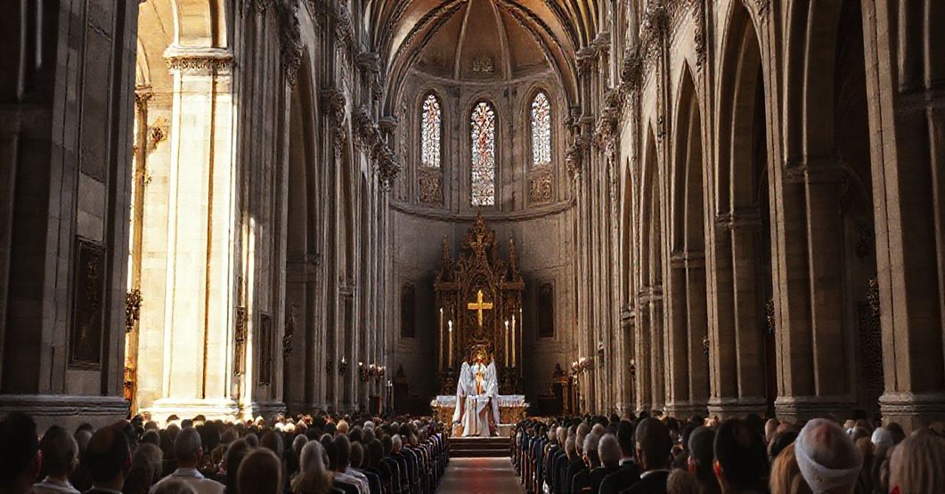 Uroczysta msza katolicka w duchu tradycji sedevacantistów w lubelskiej archikatedrze, z podkreśleniem autentyczności i wiarygodności liturgii.