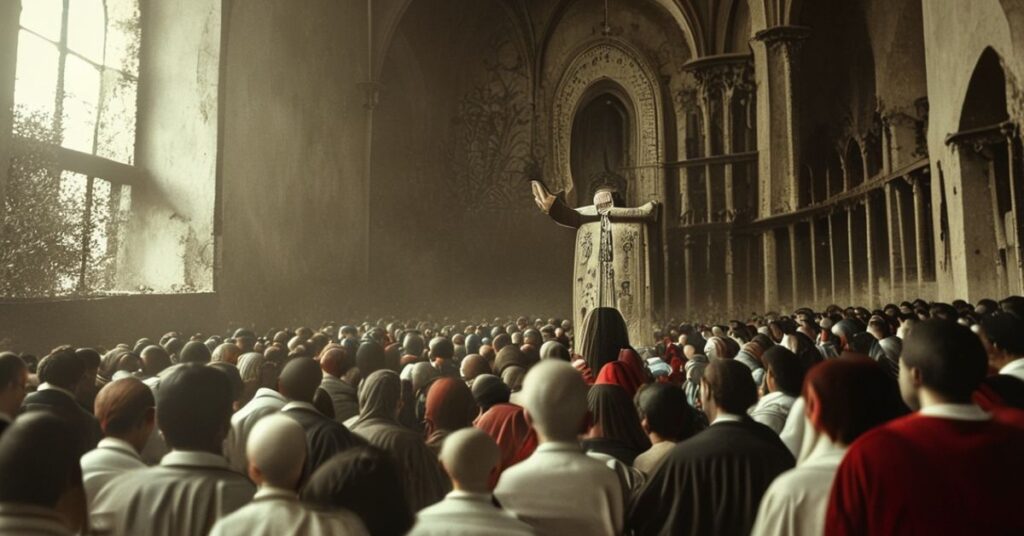 Tradycyjna msza w Meksyku z wyszczerbioną statuą Matki Bożej z Guadalupe na tle wiernych modlących się