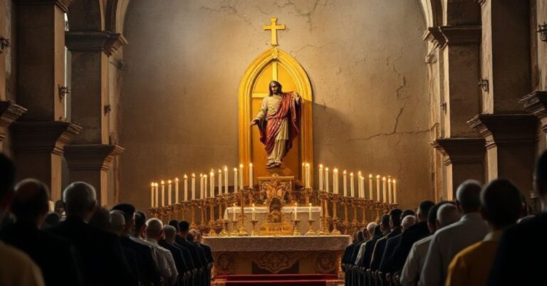 Sobór katolicki w Mosulu z tradycyjną mszą świętą na ołtarzu z Krzyżem Chrystusa