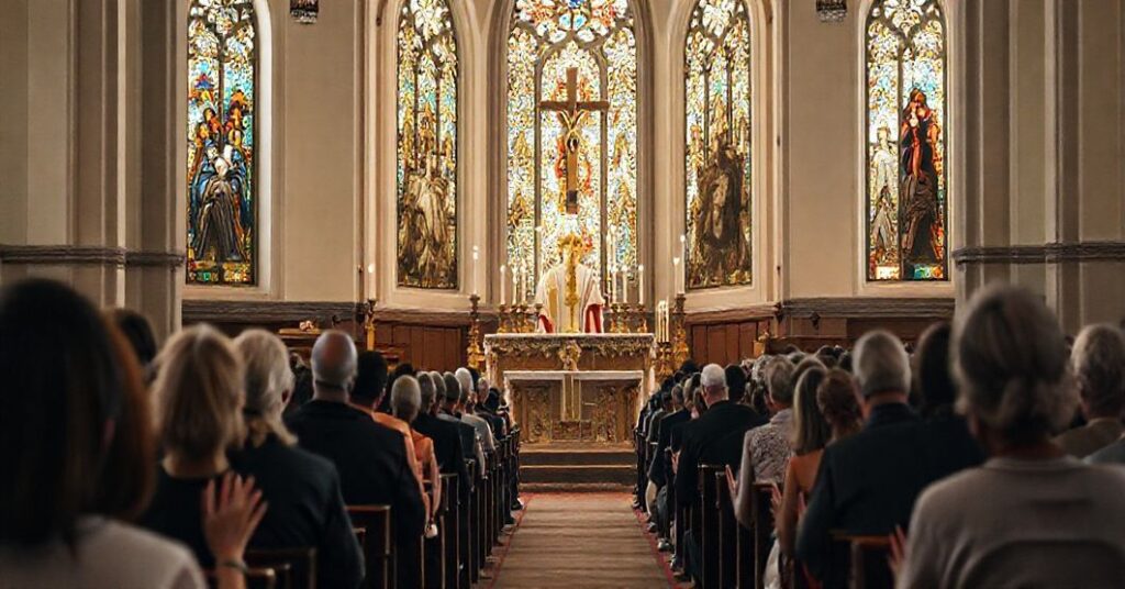 Tradycyjny katolicki wnętrze kościoła z uroczystą mszą, podkreślającym prawdziwą wiarę i tradycyjne nauczanie.