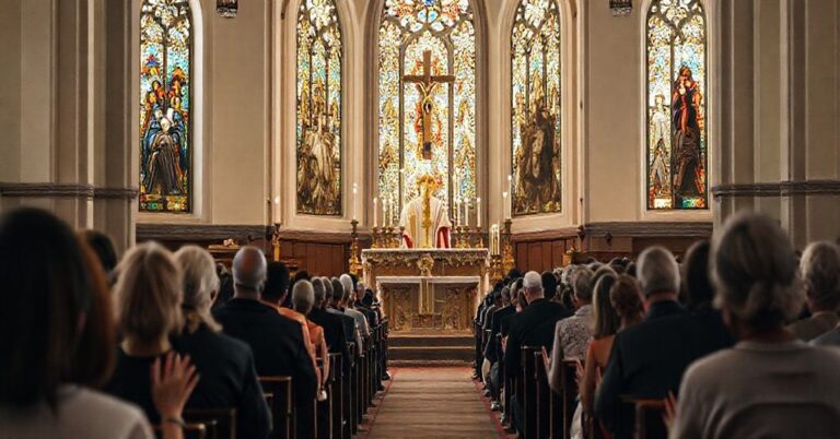 Tradycyjny katolicki wnętrze kościoła z uroczystą mszą, podkreślającym prawdziwą wiarę i tradycyjne nauczanie.