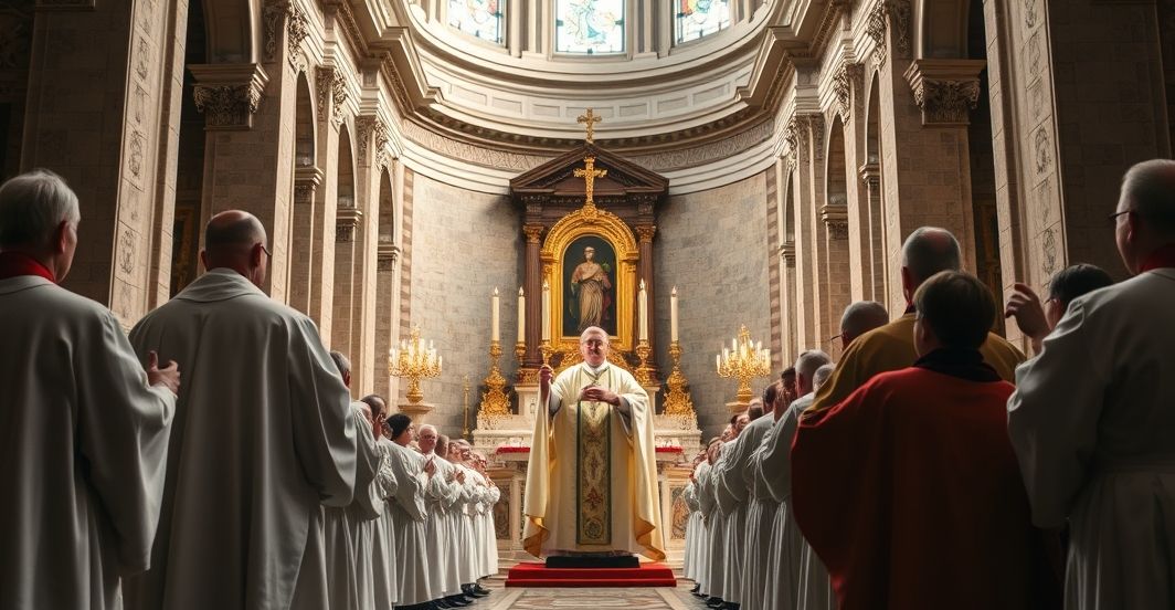 Siedzący kapłan w tradycyjnych szatach podczas Mszy w Watykanie, z wiernymi na tle bazyliki, ukazujący autentyczną i poważną liturgię Tradycji katolickiej