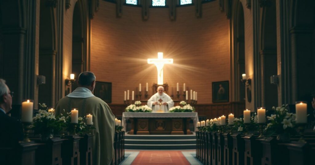 Wnętrze tradycyjnego kościoła katolickiego podczas nabożeństwa Wielkanocnego. Ołtarz zdobiony liliami i świecami przy słabym oświetleniu kontrastuje z jasnym blaskiem Wielkanocnej Świecy Paskalnej.