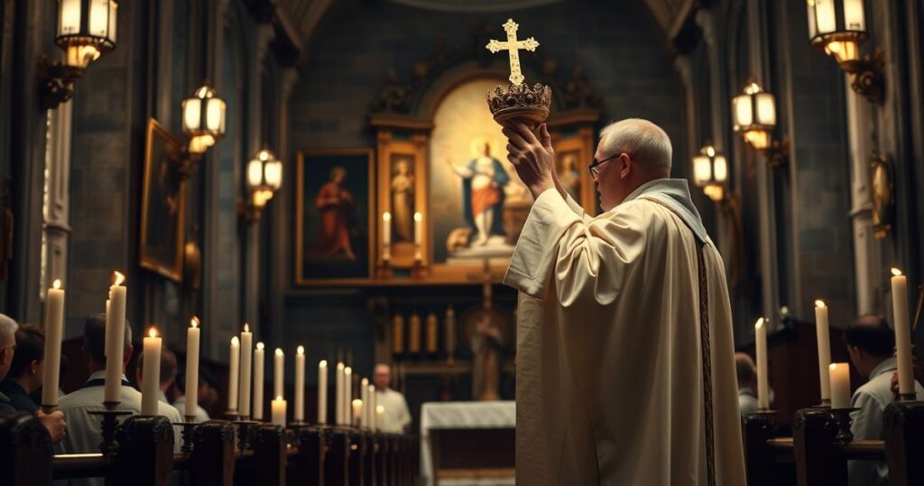 Tradycyjny katolicki ksiądz w szatach liturgicznych podczas Mszy Wigilii Paschalnej w zabytkowym kościele, celebrujący podniesienie hostii z szacunkiem i skupieniem.