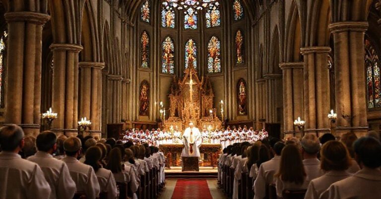 Tradycyjna msza trydencka z chorałem gregoriańskim w katedrze, podkreślająca sakralny charakter muzyki liturgicznej.