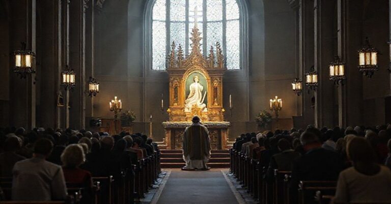 Scena tradycyjnej mszy katolickiej z tabernakulum w centrum i wiernymi klęczącymi w ciemnym kościele, uwzględniająca nauczanie tradycyjnej mariologii.