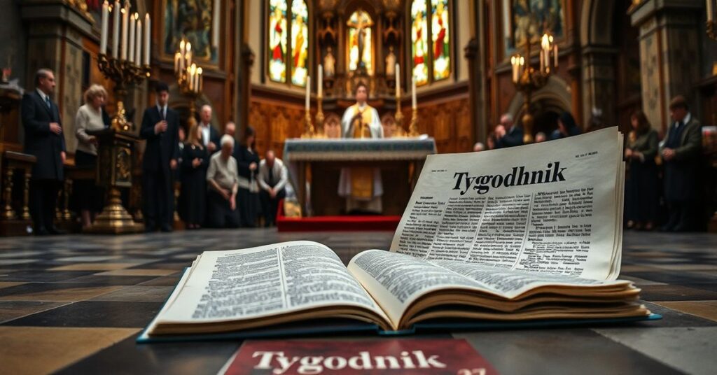 Tradycyjna msza święta w kościele z porzuconym egzemplarzem Tygodnika Powszechnego na podłodze.