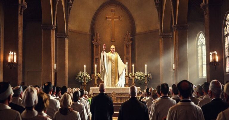 Tradycyjny katolicki obraz przedstawiający uroczystą mszę za dusz zmarłych, z księdzem podnoszącym hostię w kaplicy, otoczonym wiernymi w tradycyjnych strojach. Scena jest poważna, ale pełna nadziei, podkreślająca uroczystość Dnia Zadusznego i niezmienną doktrynę Kościoła na temat losu dusz po śmierci.