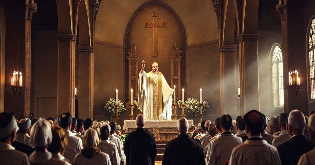 Tradycyjny katolicki obraz przedstawiający uroczystą mszę za dusz zmarłych, z księdzem podnoszącym hostię w kaplicy, otoczonym wiernymi w tradycyjnych strojach. Scena jest poważna, ale pełna nadziei, podkreślająca uroczystość Dnia Zadusznego i niezmienną doktrynę Kościoła na temat losu dusz po śmierci.