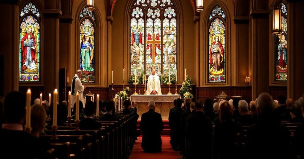 Tradycyjny katolicki obraz przedstawiający uroczystą mszę za zmarłych w kościele, z kapłanem w białym ornaty i czarnym stolu, który modli się przy katafalku ozdobionym świecami i kwiatami, podczas gdy zgromadzenie w czarnej odzieży klęczy w modlitwie, oświetlone przez witraże przedstawiające sceny z czyśćca i sądu boskiego, podkreślając powagę Dnia Wszystkich Zmarłych i tradycyjną katolicką naukę o stanie dusz zmarłych.