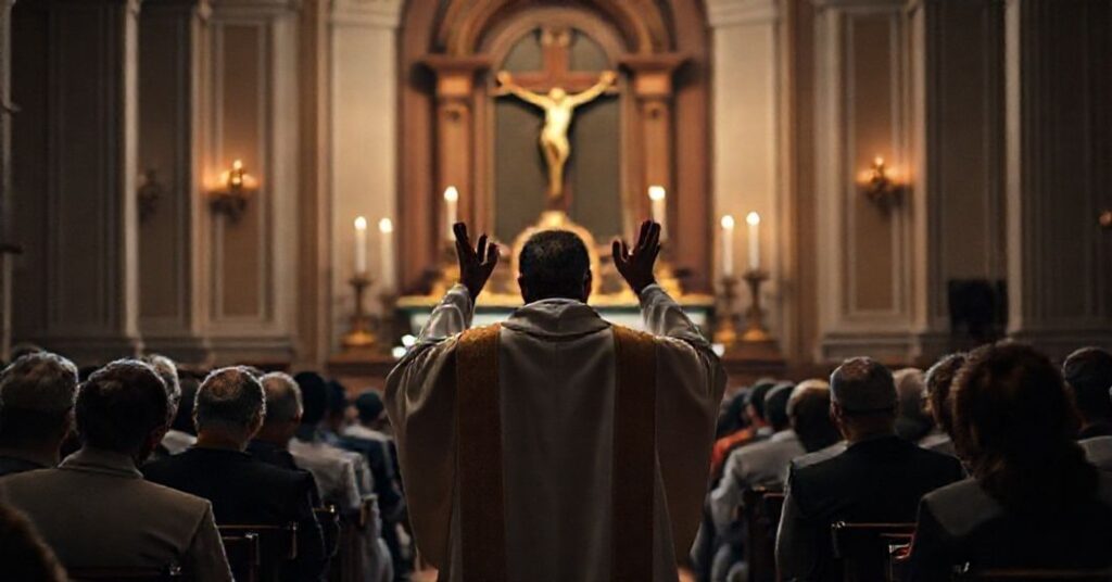 Solemne liturgiczne obrządek w neoklasycznej kaplicy z księdzem w ornacie modlącym się za dusze czyśćcowe.