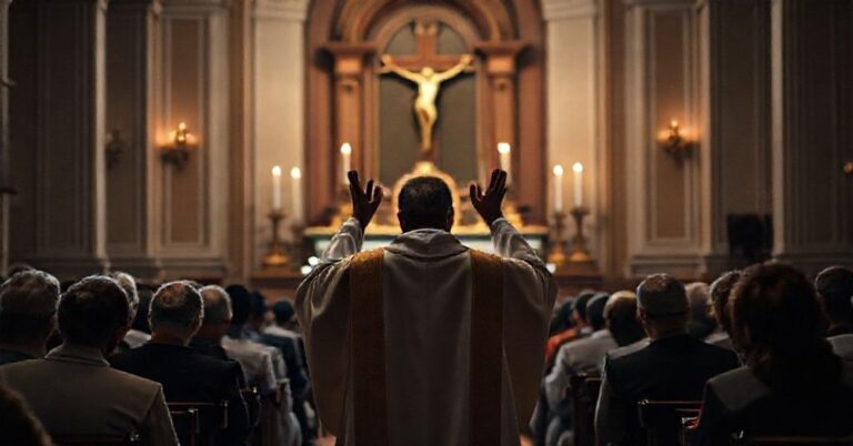 Solemne liturgiczne obrządek w neoklasycznej kaplicy z księdzem w ornacie modlącym się za dusze czyśćcowe.