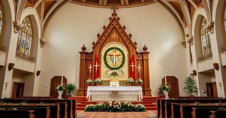 Tradycyjna msza za zmarłych w kościele z pogrzebowymi światełkami czyśćcowymi i grobami biskupów w tle.