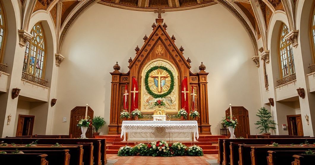 Tradycyjna msza za zmarłych w kościele z pogrzebowymi światełkami czyśćcowymi i grobami biskupów w tle.