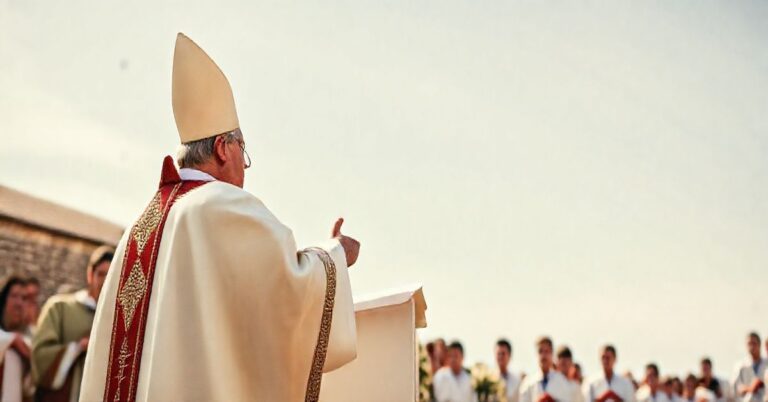 Fotografia realistyczna kapłana odprawiającego tradycyjną Mszę na zewnątrz, z powagą i szacunkiem, podkreślająca sacrum i liturgiczną powagę, zgodnie z nauką Kościoła katolickiego.