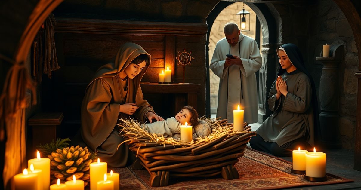 Tradycyjna scena Narodzenia Pańskiego w katolickim kościele Realistyczne zdjęcie sceny Narodzenia Pańskiego w tradycyjnym katolickim kościele, z naciskiem na wiarę i pokorę, oświetlone delikatnym światłem świec, ukazujące duchową głębię i oddanie.