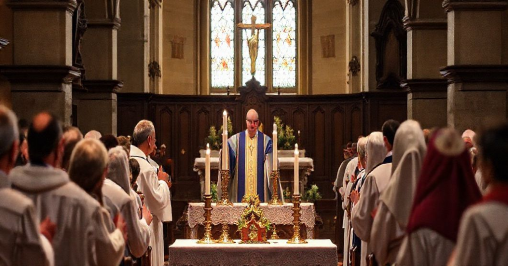 Tradycyjna parafia katolicka podczas uroczystej Mszy Świętej, z kapłanem w ornaty i wiernymi w modlitewnych postawach, podkreślająca sakralność i niezmienność Kościoła.