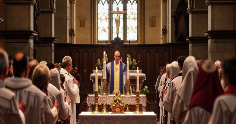 Tradycyjna parafia katolicka podczas uroczystej Mszy Świętej, z kapłanem w ornaty i wiernymi w modlitewnych postawach, podkreślająca sakralność i niezmienność Kościoła.